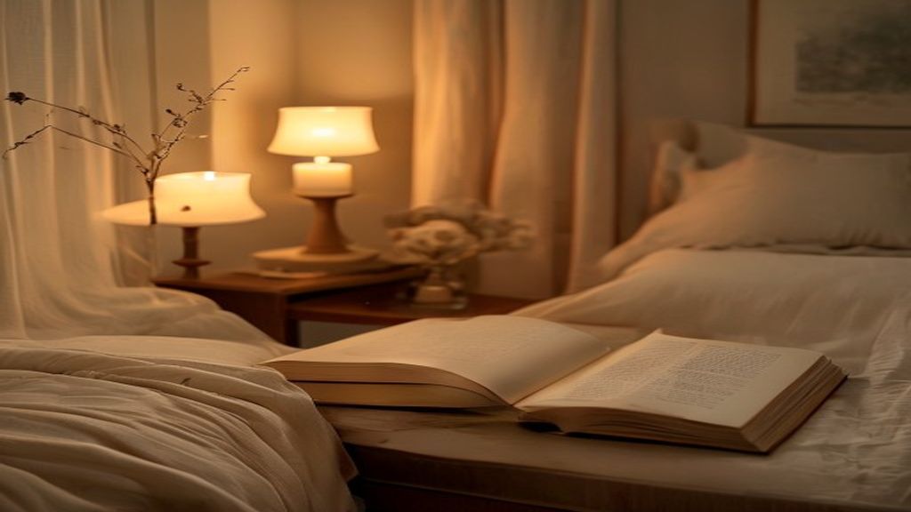 Serene evening room with soft candlelight and tea
